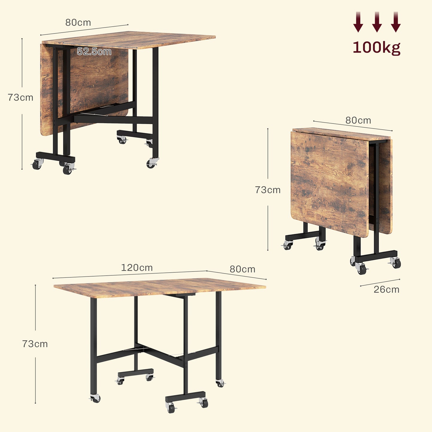 Mobile Drop Leaf Table, Folding Kitchen Table with 6 Wheels, Brown