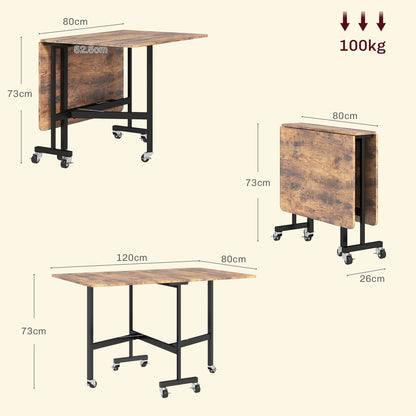 Mobile Drop Leaf Table, Folding Kitchen Table with 6 Wheels, Brown