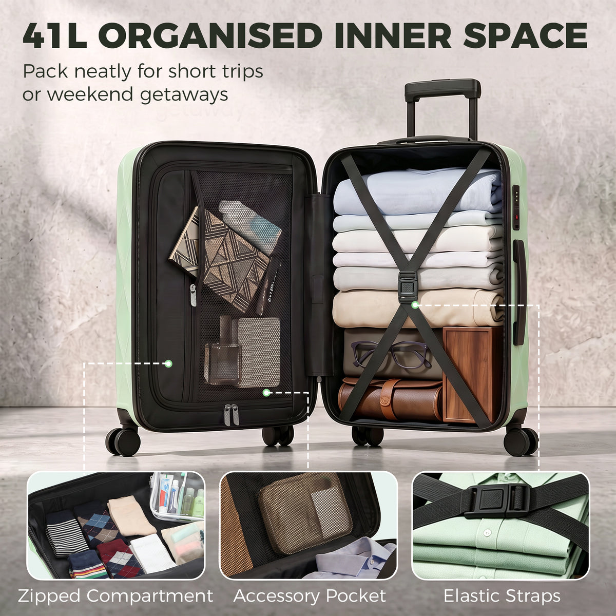 20Inch Suitcase Hard Shell Carry On Luggage with TSA Lock, Green
