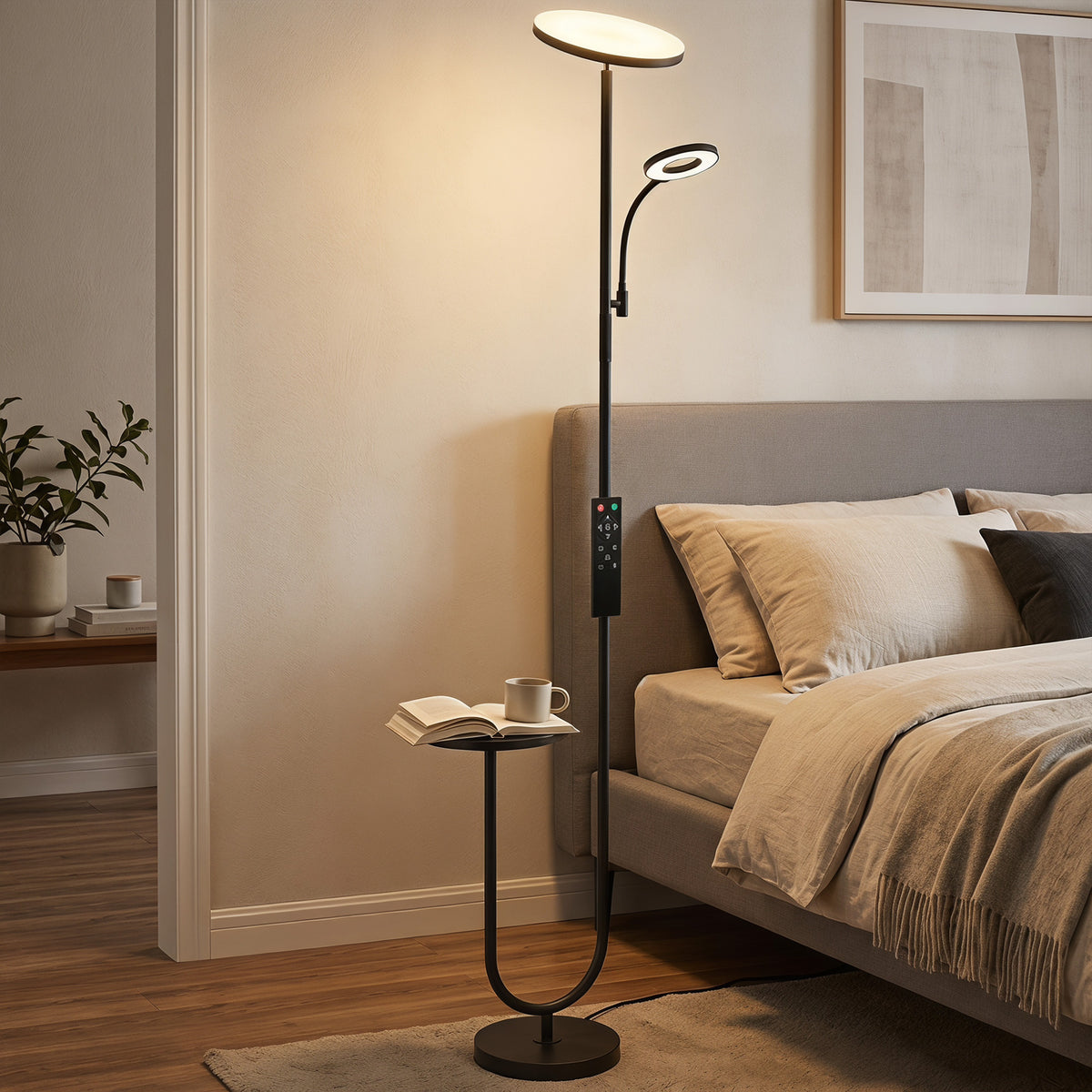 Uplighter Floor Lamp with Table, Dual Light Dimmable Standing Lamp