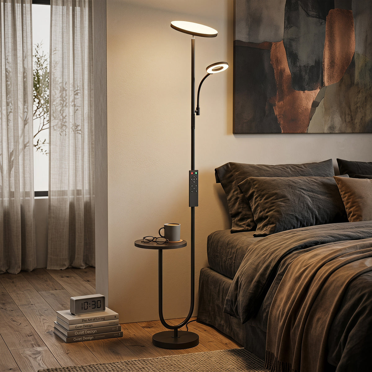 Uplighter Floor Lamp with Table, Dual Light Dimmable Standing Lamp