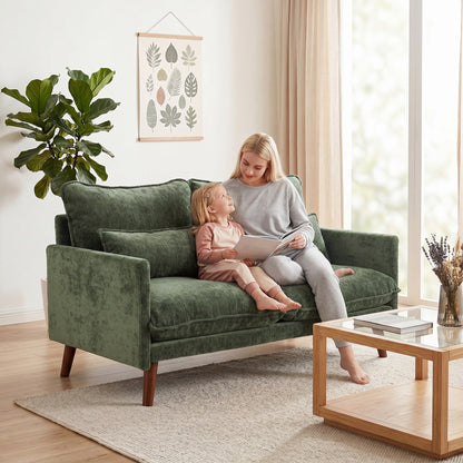 2 Seater Sofa, 131cm Velvet-Feel Fabric Loveseat Sofa with Spring Cushions, Wide and Deep Seat, Wood Legs, 2 Pillows, Modern Couch Settee for Small Space, Living Room, Bedroom, Office, Green