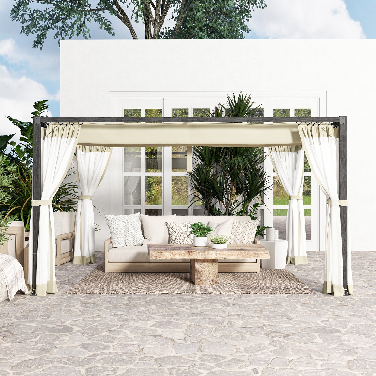 3 x 4m Pergola with Retractable Roof and Netting, Khaki