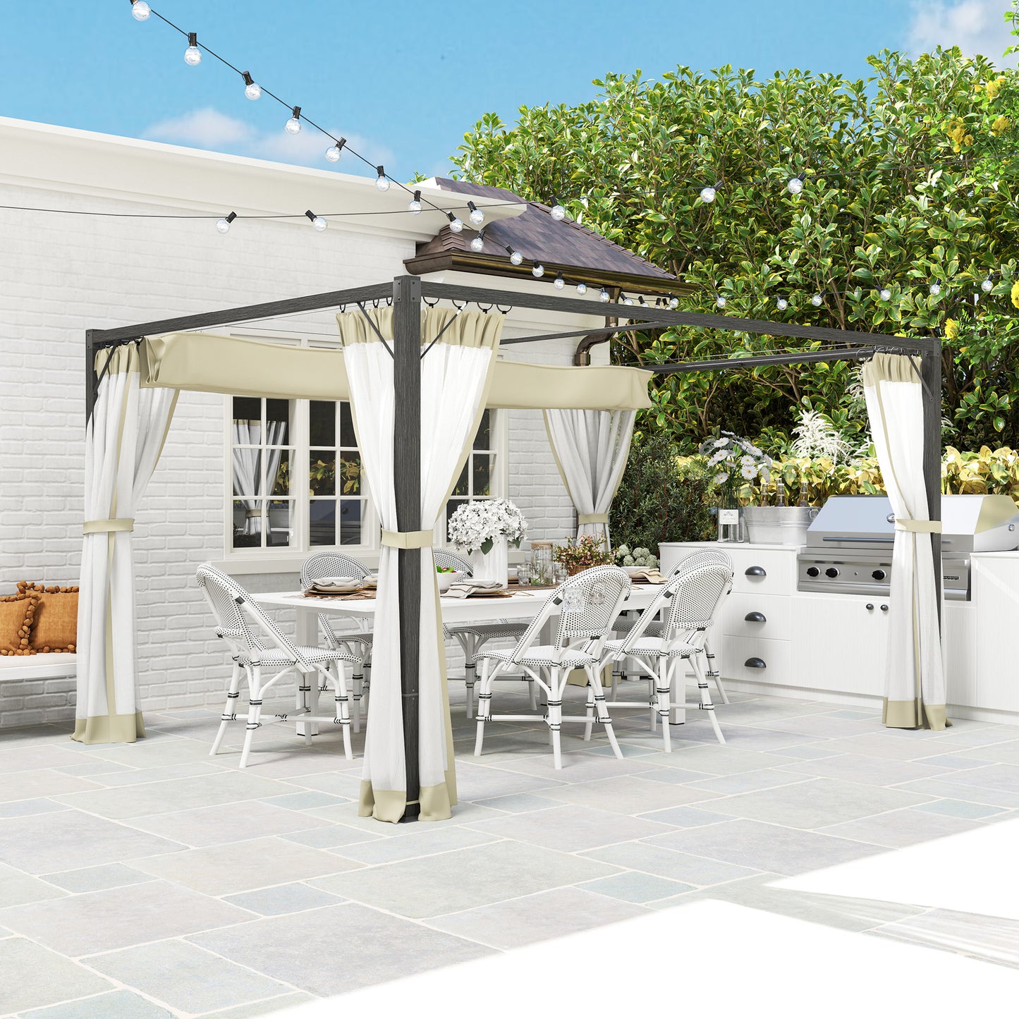 3 x 4m Pergola with Retractable Roof and Netting, Khaki