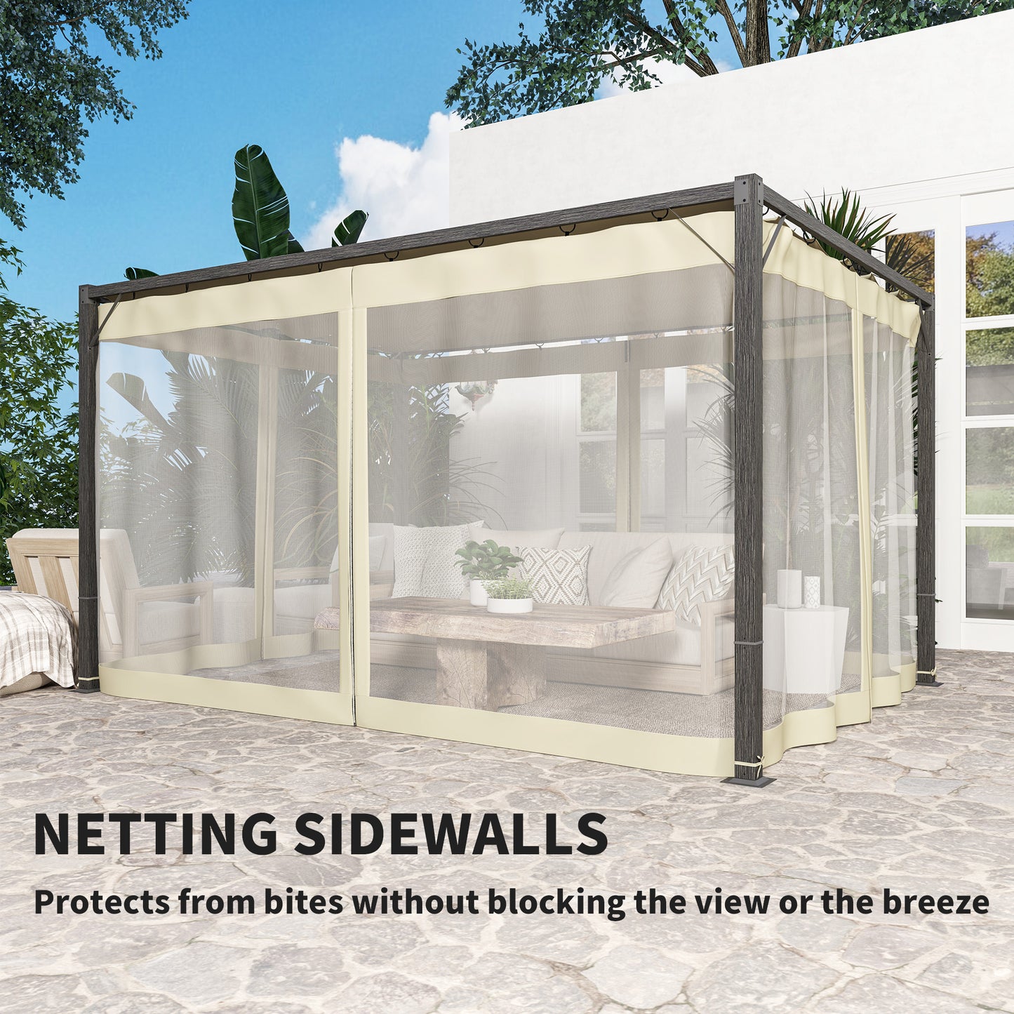 3 x 4m Pergola with Retractable Roof and Netting, Khaki