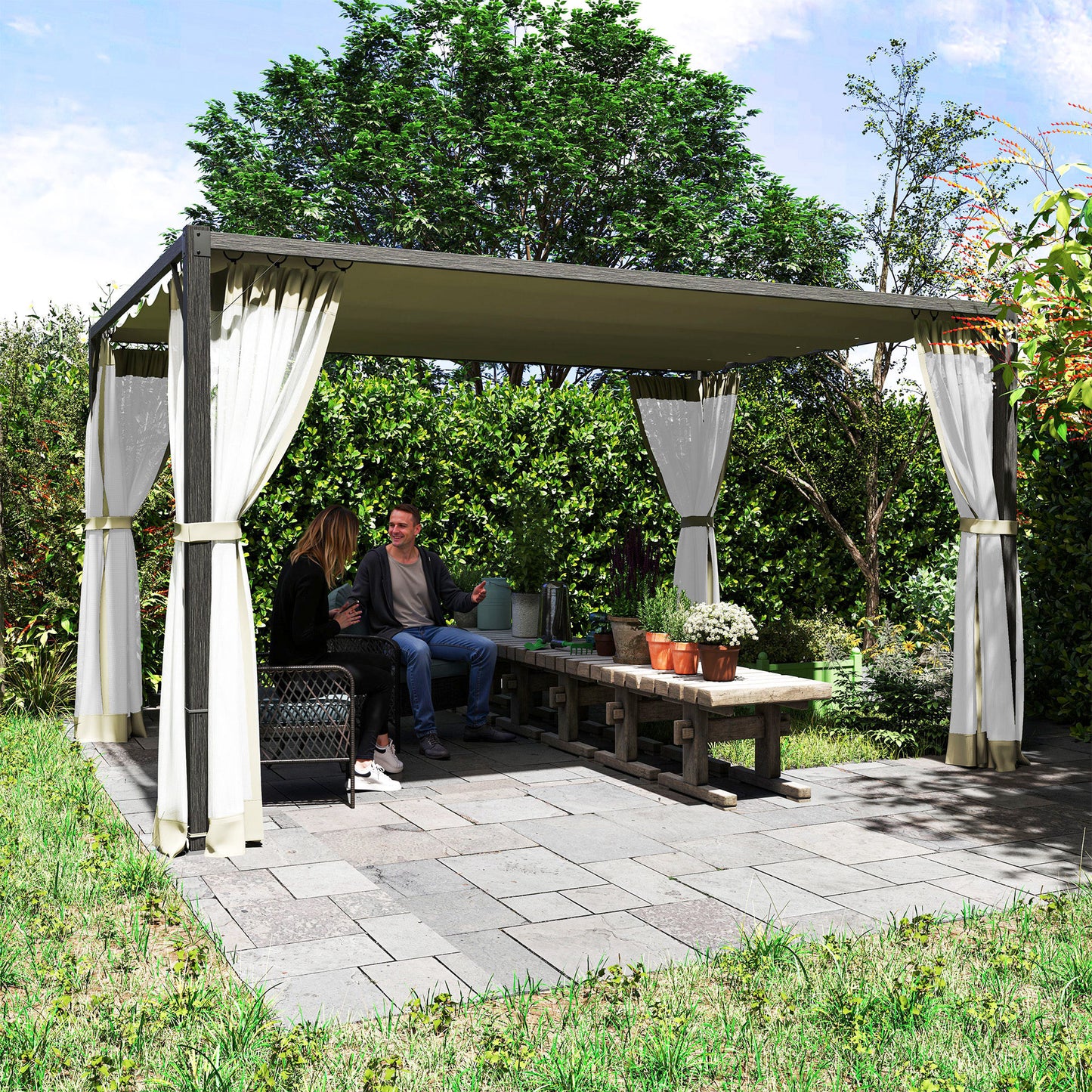 3 x 4m Pergola with Retractable Roof and Netting, Khaki