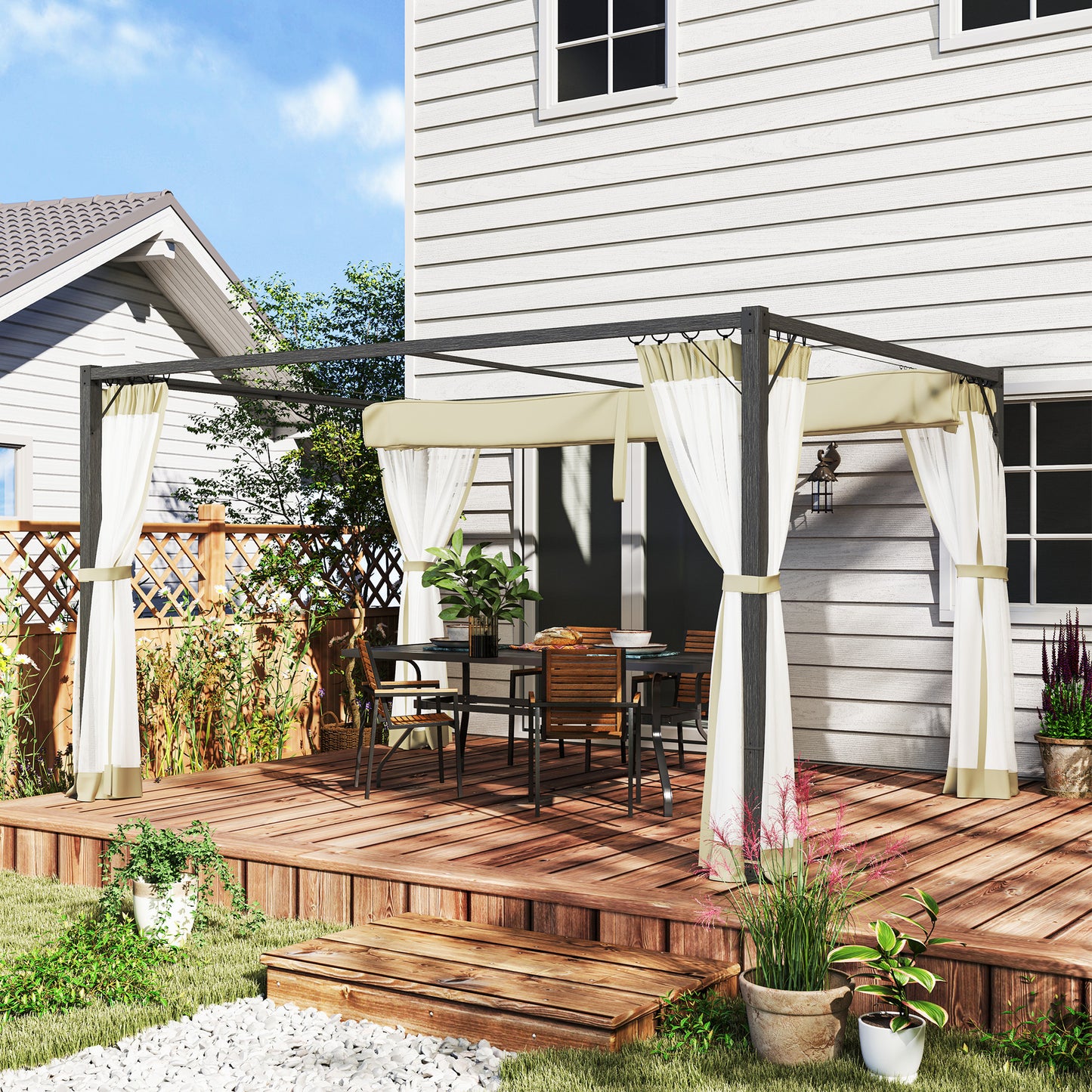 3 x 4m Pergola with Retractable Roof and Netting, Khaki