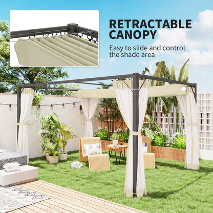 3 x 4m Pergola with Retractable Roof and Netting, Khaki
