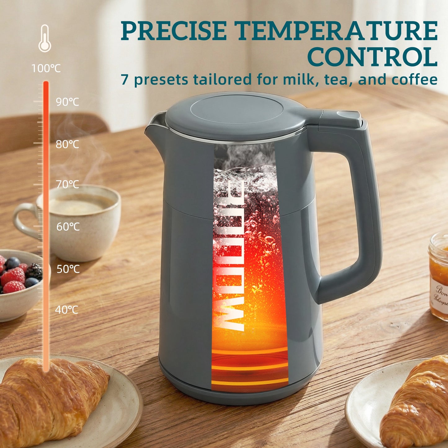 Electric Kettle, 1.7L Fast Boil 3kW Water Kettle with UK Strix Thermostat, LED Display, Keep Warm Function, Auto Shut-off and Boil-Dry Protection, Grey