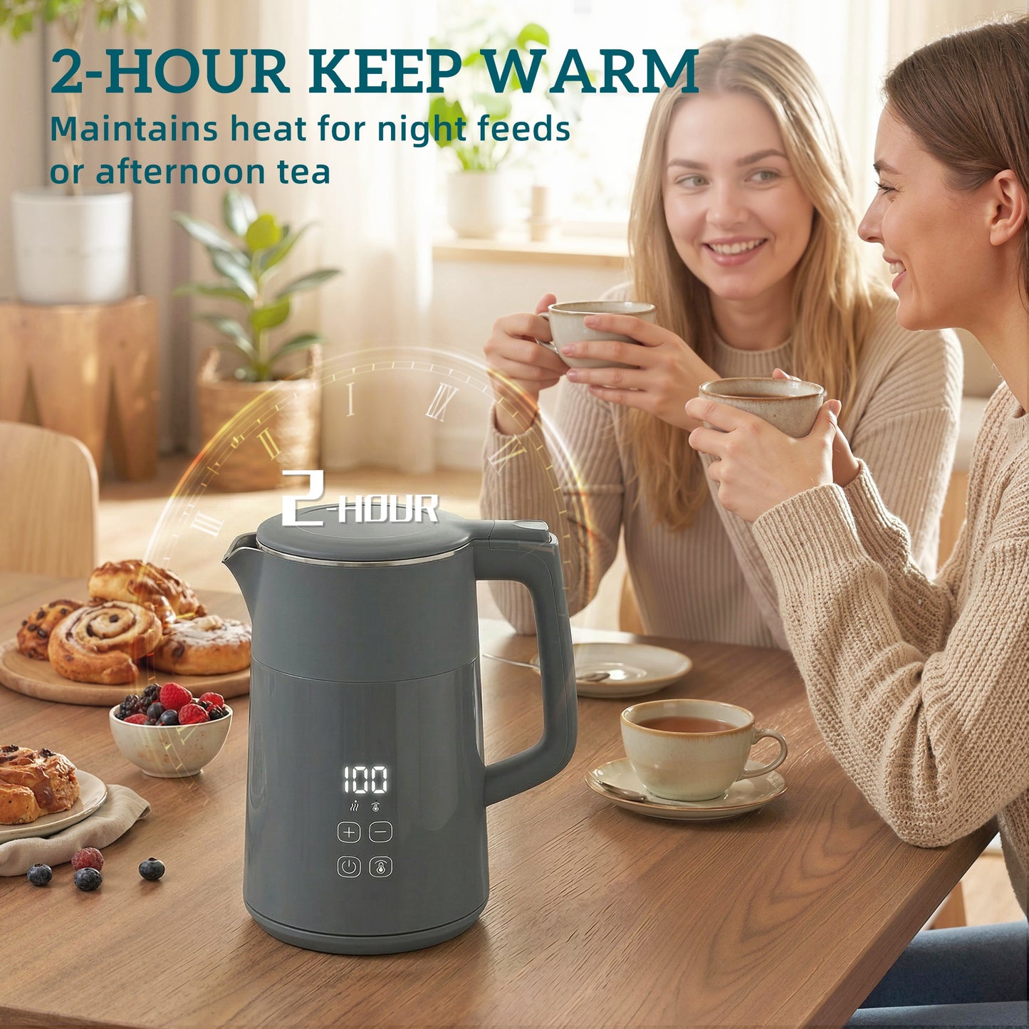 Electric Kettle, 1.7L Fast Boil 3kW Water Kettle with UK Strix Thermostat, LED Display, Keep Warm Function, Auto Shut-off and Boil-Dry Protection, Grey