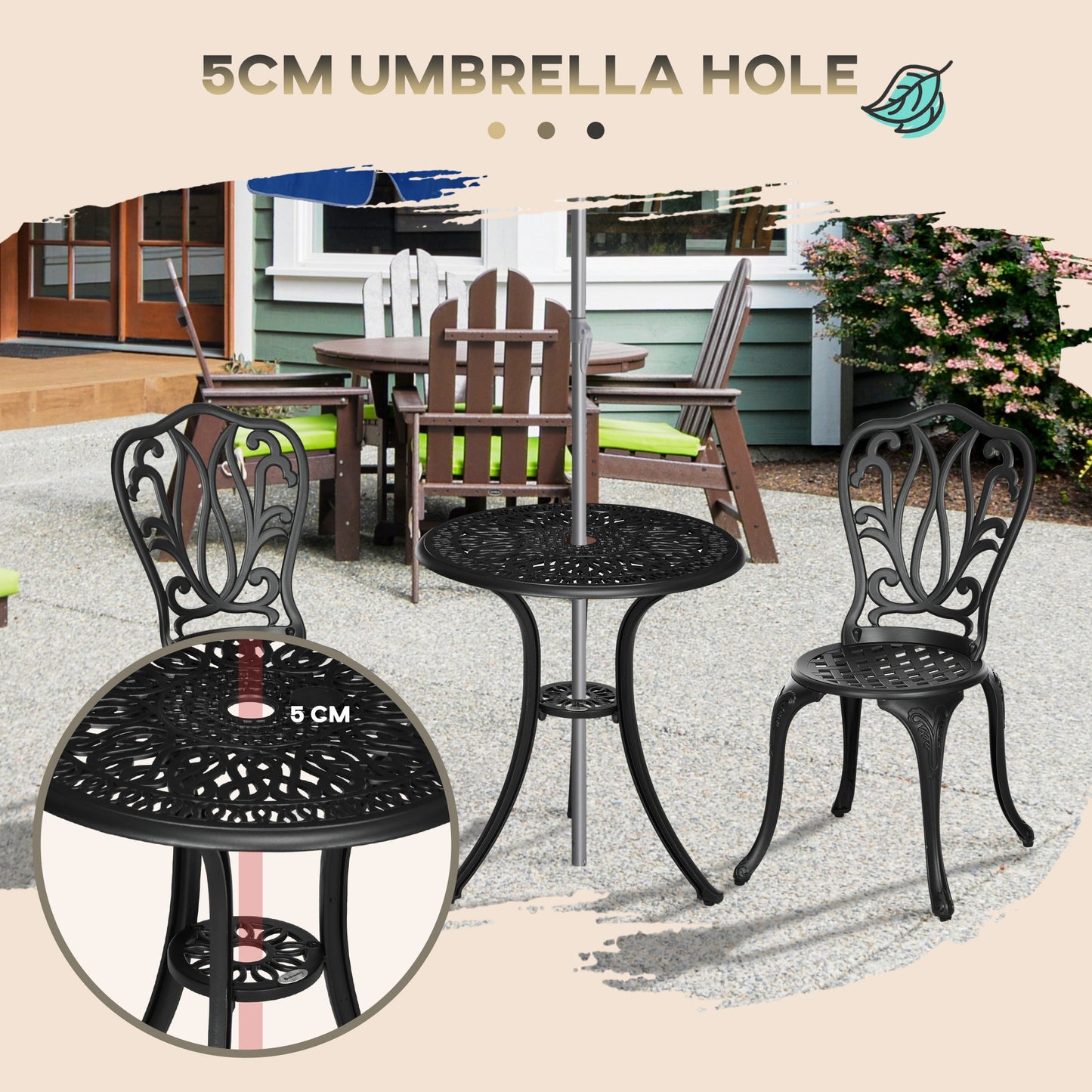 3 Piece Patio Bistro Set Outdoor Table Set with Umbrella Hole Black