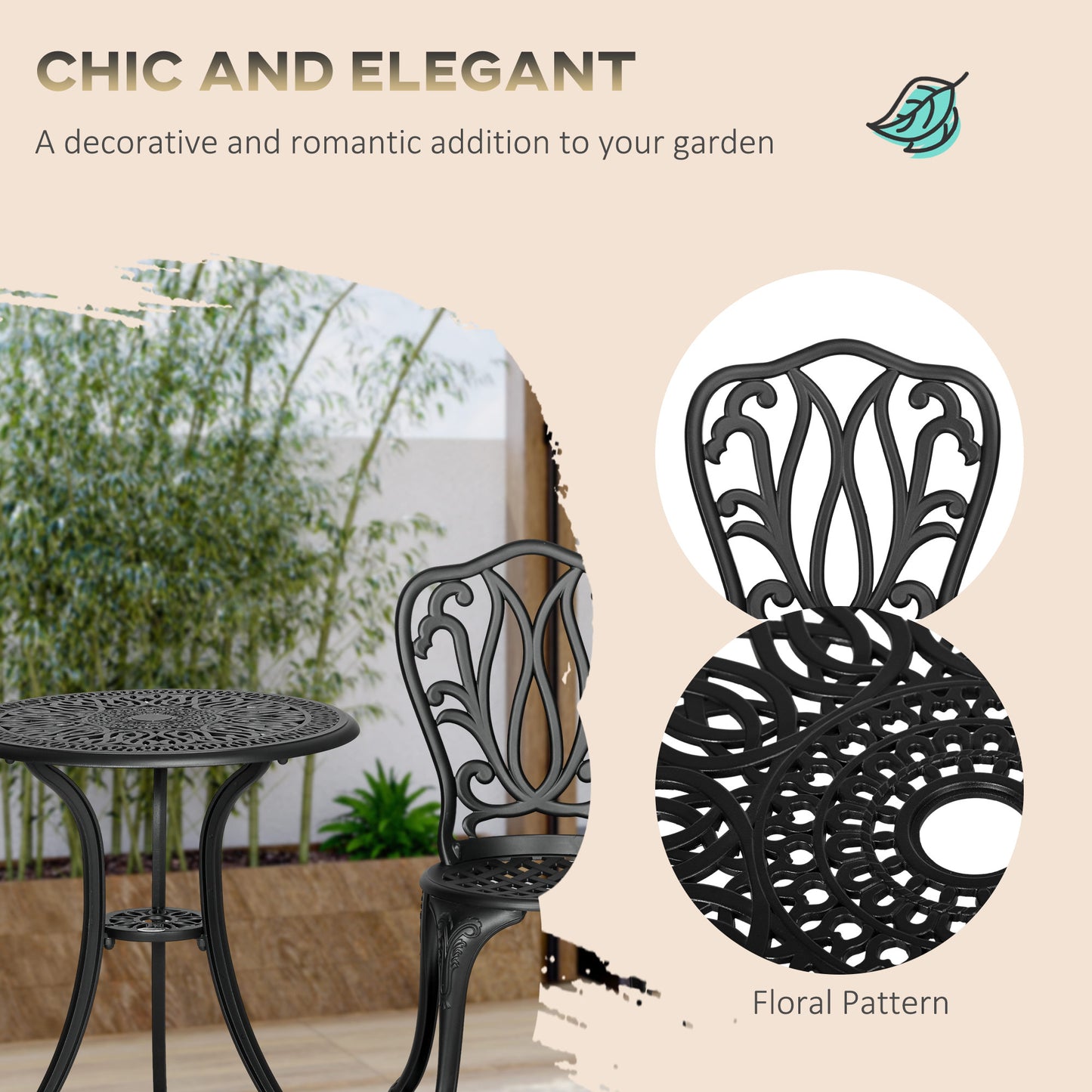 3 Piece Patio Bistro Set Outdoor Table Set with Umbrella Hole Black