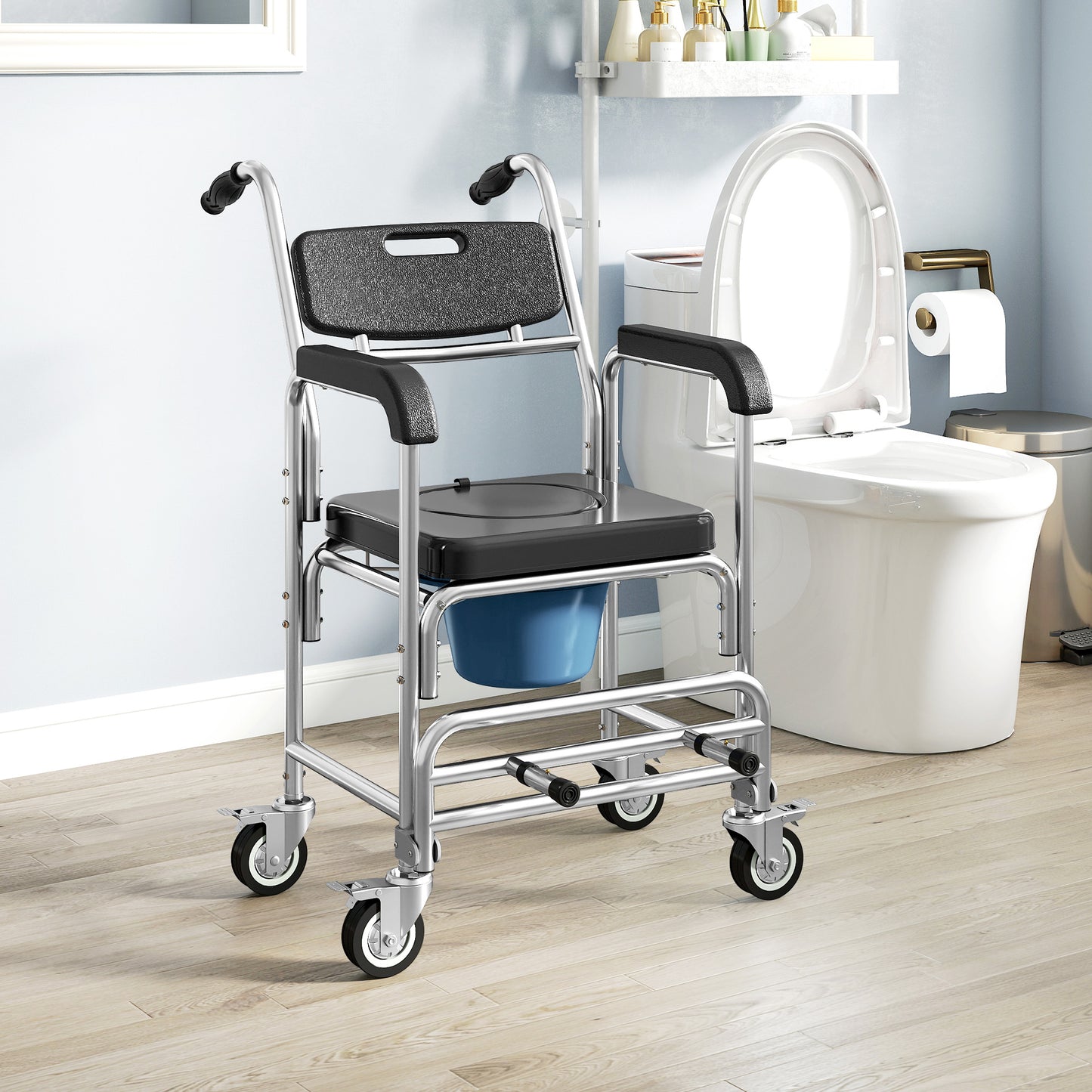 3-in-1 Commode Chair with Wheels, Transport Beside Shower Chair, Waterproof Rolling Shower Commode Wheelchair with Padded Seat for Disabled and Elderly People, Black