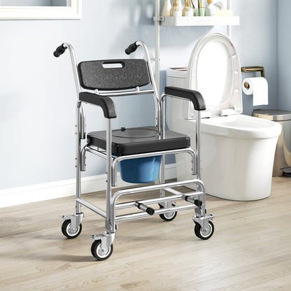 3-in-1 Commode Chair with Wheels, Transport Beside Shower Chair, Waterproof Rolling Shower Commode Wheelchair with Padded Seat for Disabled and Elderly People, Black