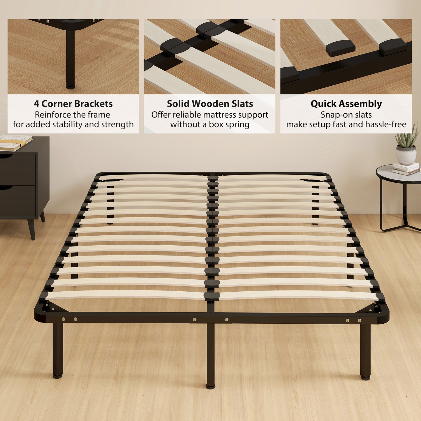 4ft6 Double Bed Frame, Metal Platform Bed Frame with 2 x 14 Wood Slats, No Box Spring Needed, Underbed Storage, Easy to Assemble, Black