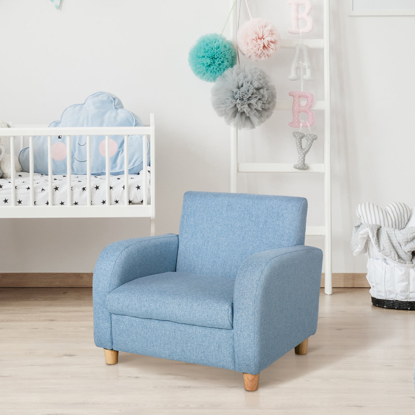 Child Armchair Wood Frame w/ Padding Seat Low-Rise Bedroom Blue