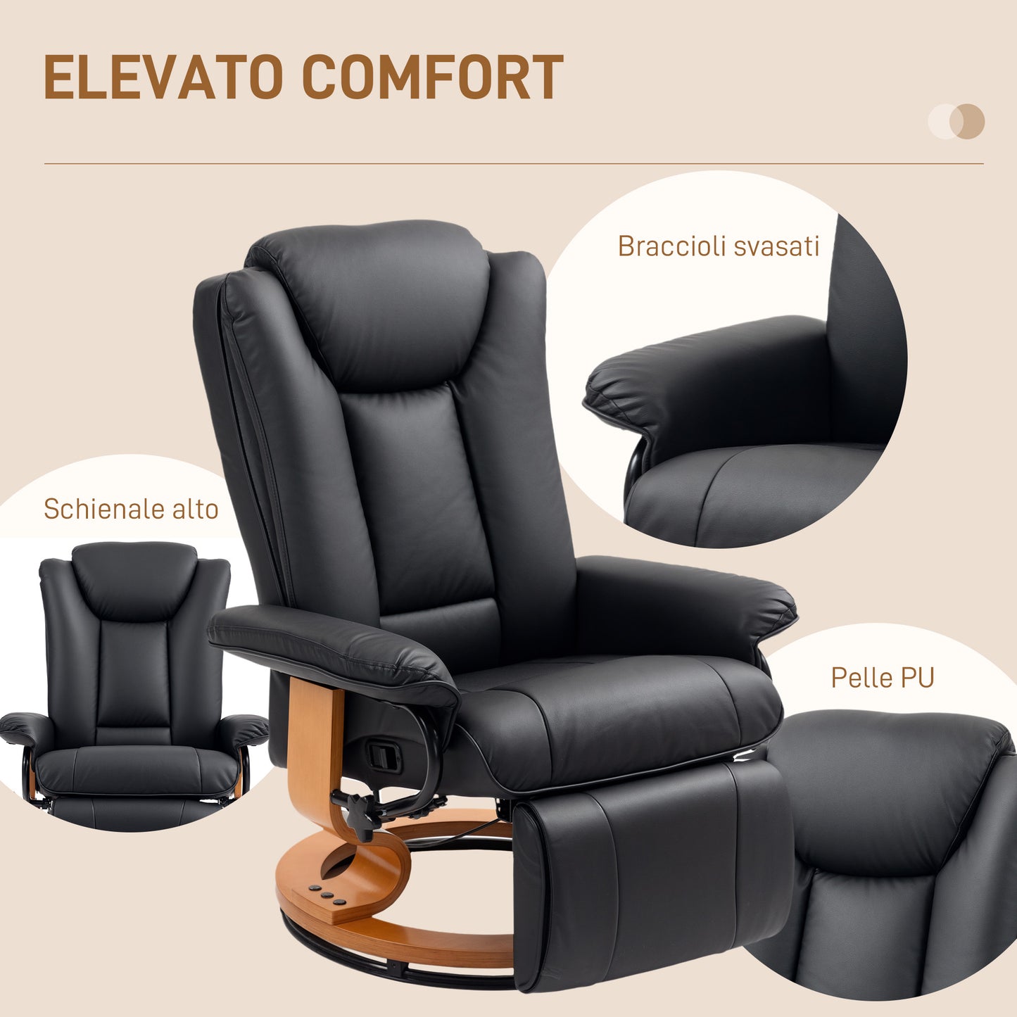 PU Leather Reclining Armchair with Footrest for Living Room, Black
