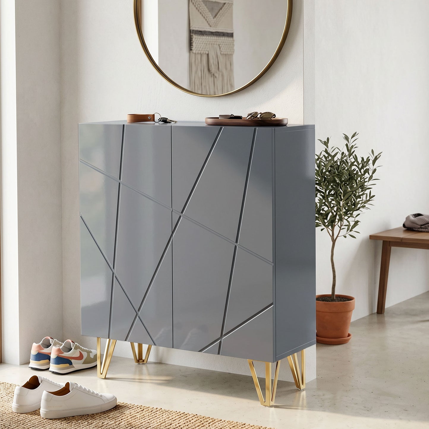 Shoe Storage Cabinet with Soft-Close Hinges and Adjust Shelves, Grey