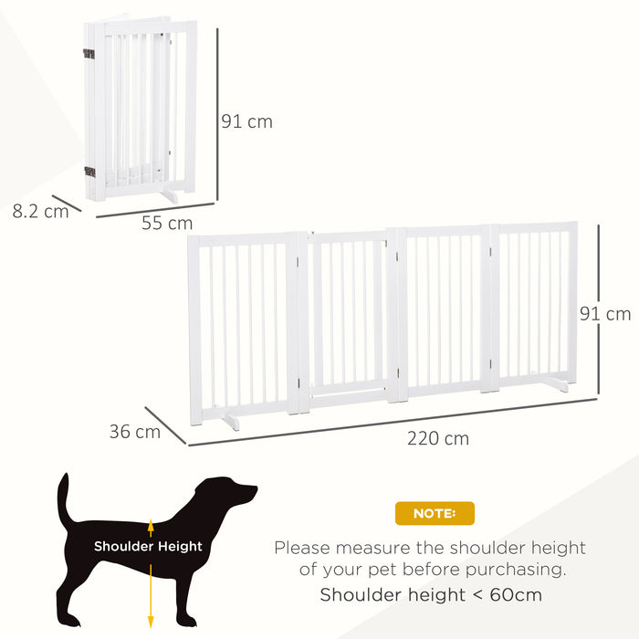 Wooden Freestanding Pet Gate 4 Panels 91cm Foldable Dog Safety Fence with 2 Support Feet Walk-through Door for Doorway Stairs White