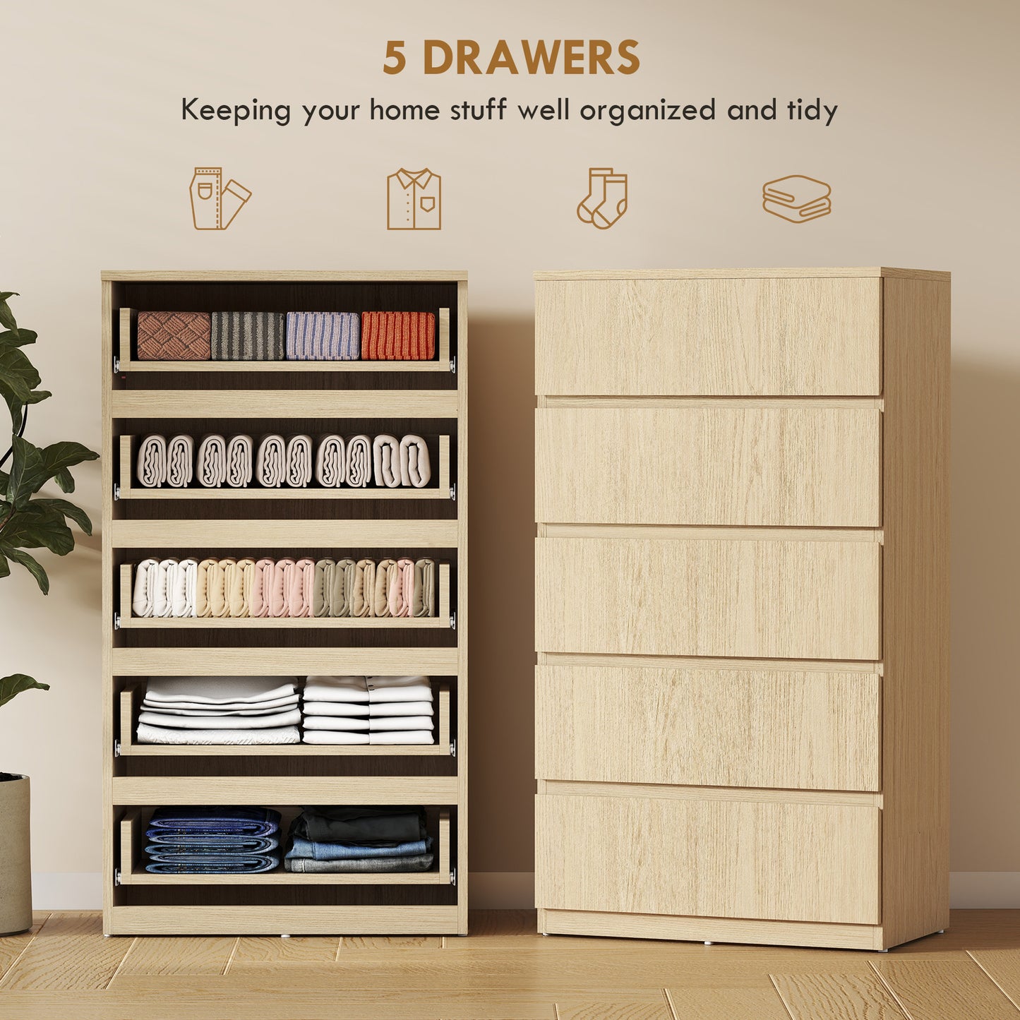 Bedroom Chest of Drawers, 5 Drawers Dresser, Drawer Unit, Natural