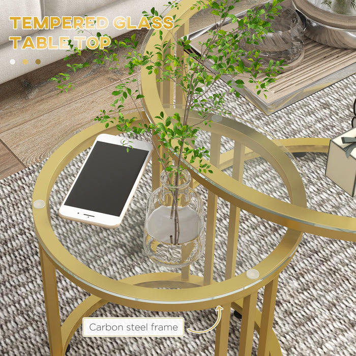 2 Pieces Round Nesting Coffee Tables with Tempered Glass Top, Gold Tone