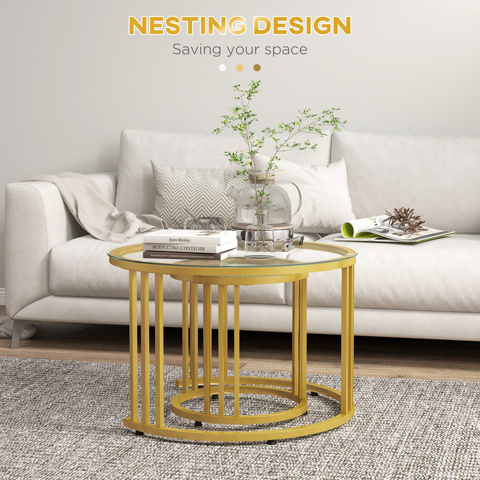 2 Pieces Round Nesting Coffee Tables with Tempered Glass Top, Gold Tone