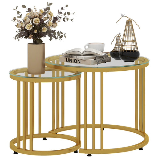 2 Pieces Round Nesting Coffee Tables with Tempered Glass Top, Gold Tone