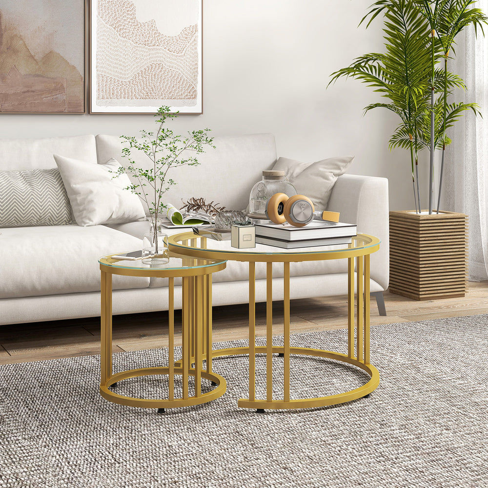 2 Pieces Round Nesting Coffee Tables with Tempered Glass Top, Gold Tone