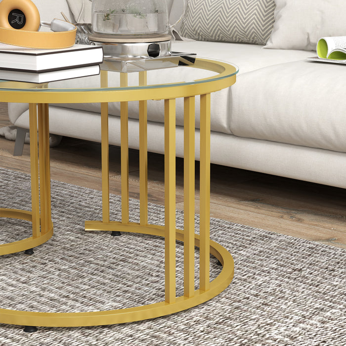 2 Pieces Round Nesting Coffee Tables with Tempered Glass Top, Gold Tone