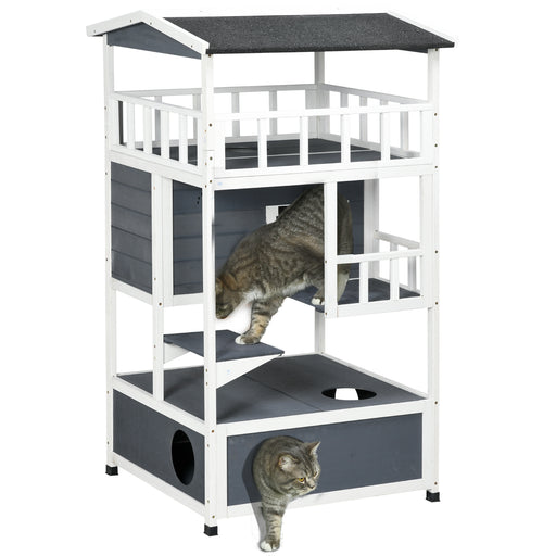 Wooden Outdoor Cat House 3-Tier Kitten Shelter w/ Tilted Roof Grey