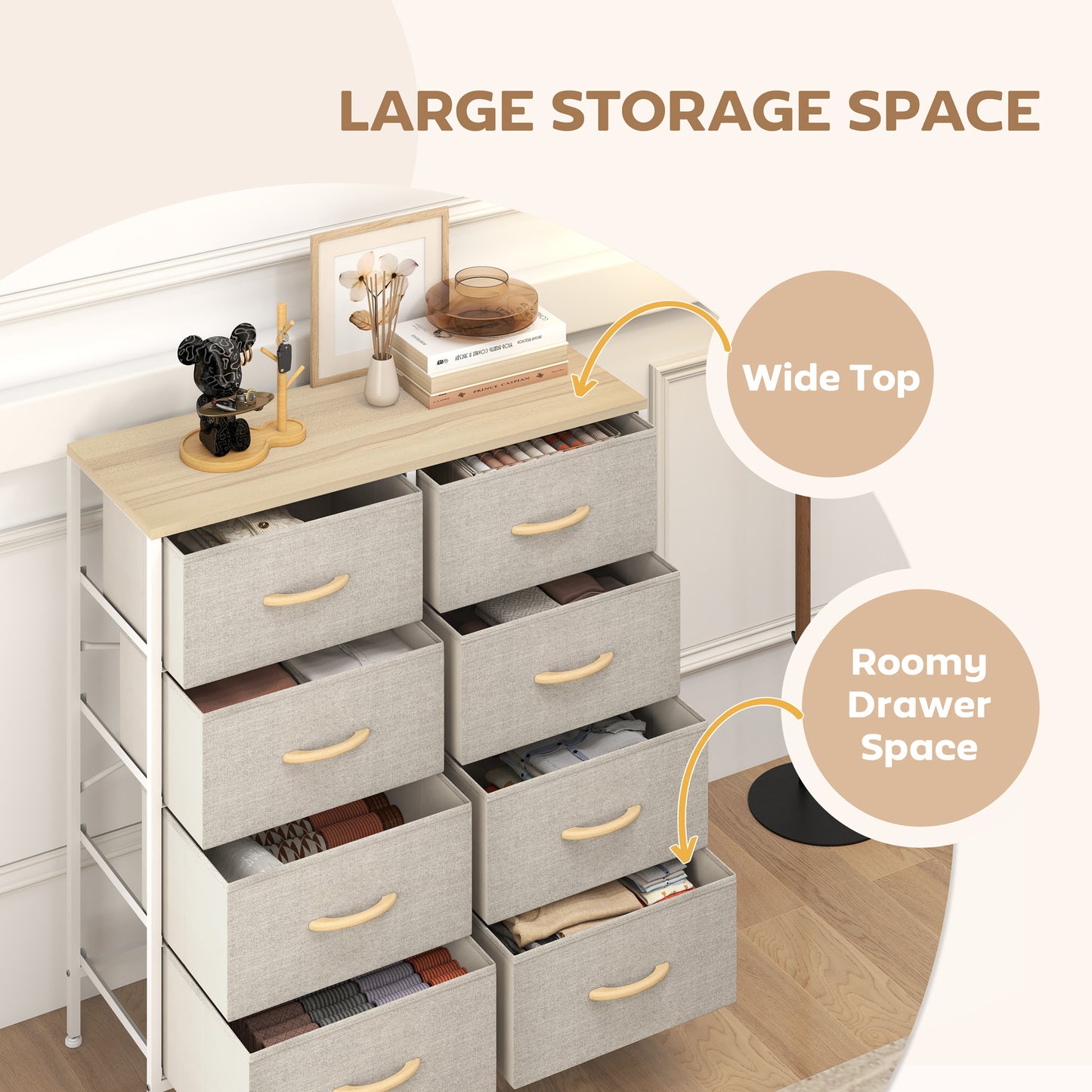 8 Drawer Fabric Chest of Drawers w/ Wooden Top for Hallway Maple