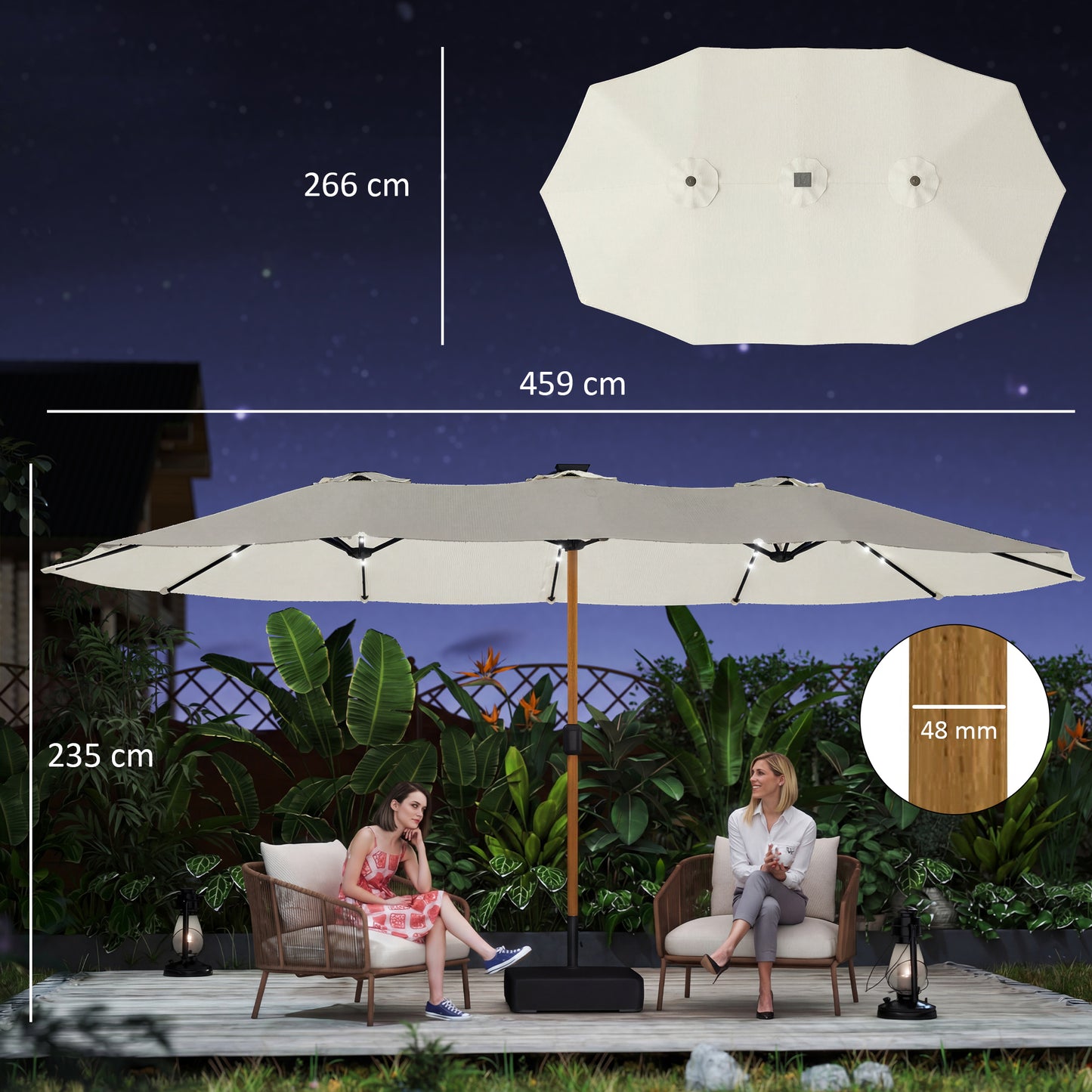 Double Sided Garden Parasol with 48 Solar LED Lights 4.6m Cream White