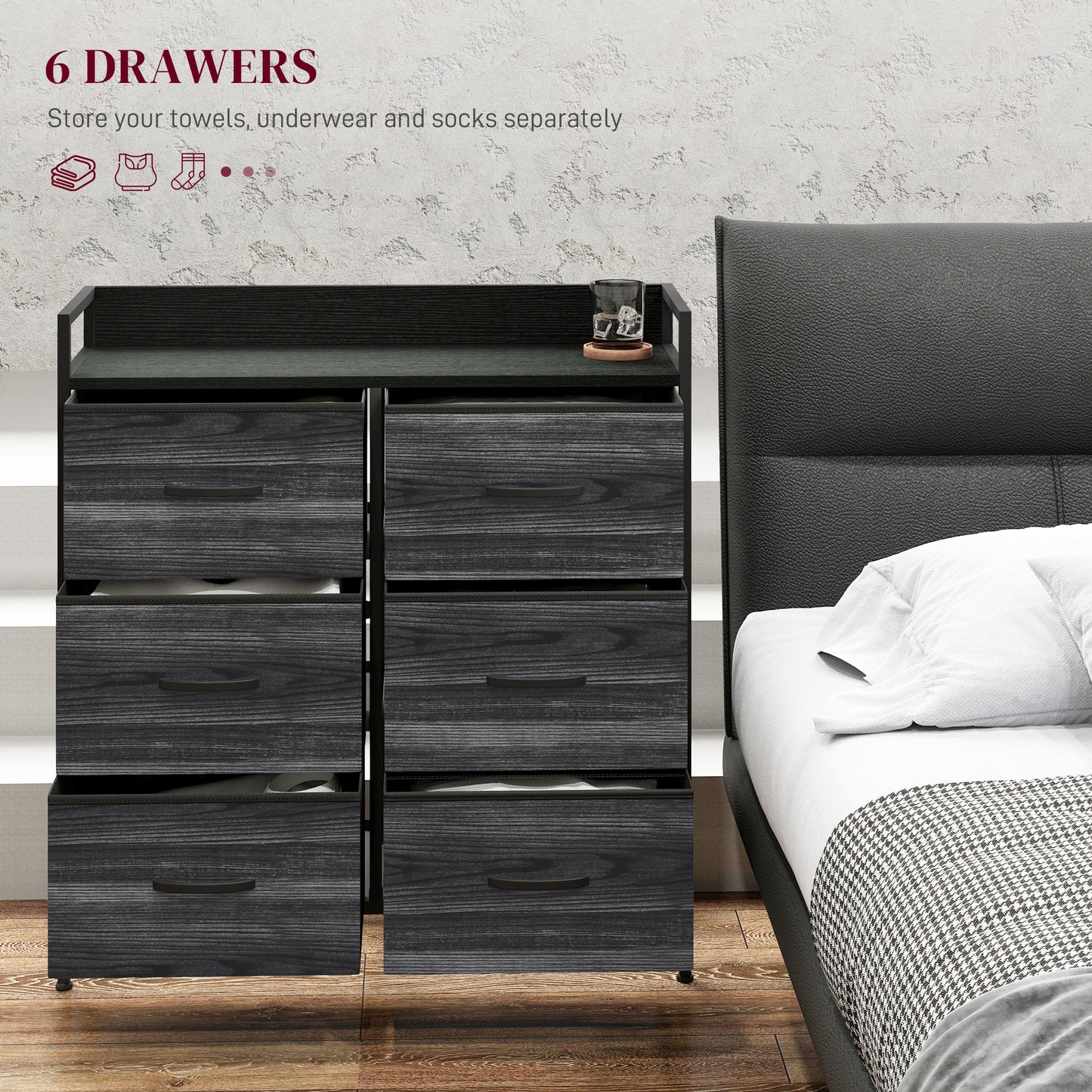 Bedroom Chest of Drawers 6 Drawer Dresser w/ Shelf, Black
