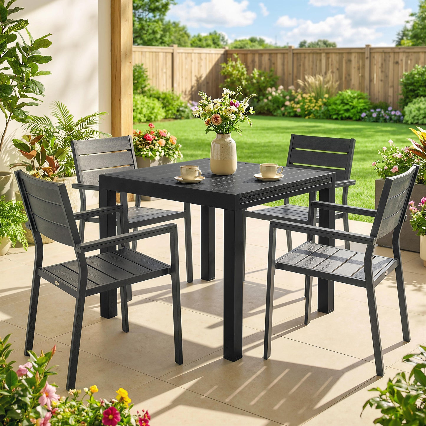 Aluminium Extending Garden Table with Faux Wood Slatted Top, Black