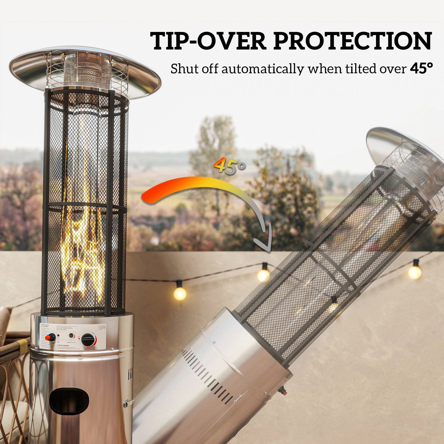 11 KW Freestanding Gas Patio Heater, Adjustable Outdoor Garden Propane Heater with Tip-Over Switch, Wheels, Pulse Ignition, Tank Room with Openable Door, Silver Tone