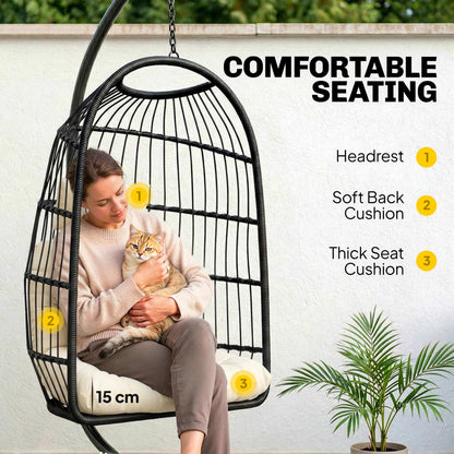 Hanging Egg Chair, Indoor Outdoor Hammock Swing Chair with Stand, Safety Strap, Foldable Basket, Thick Cushions, Headrest, Adjustable Height, Metal Frame for Garden Balcony, Black/Cream White