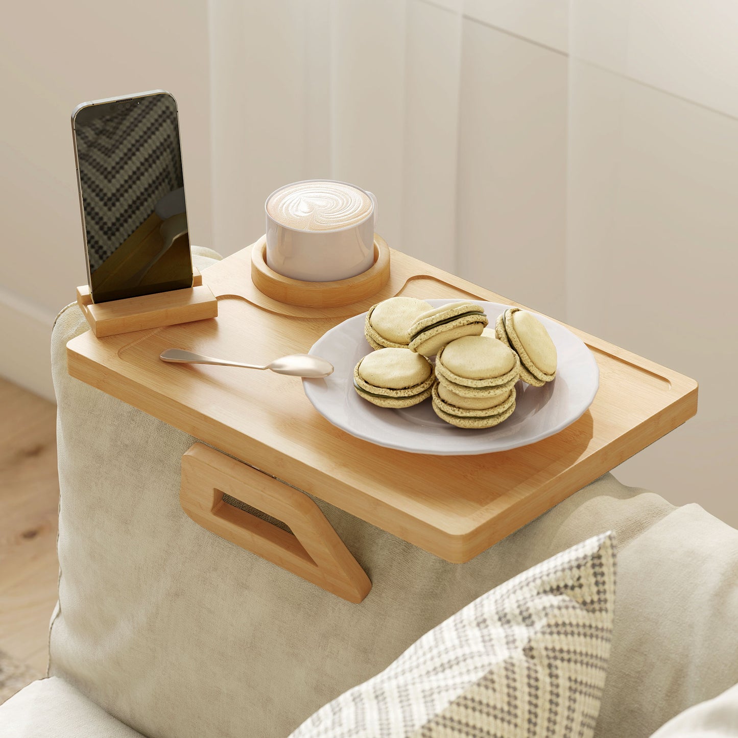 Anti-Slip Sofa Armrest Tray with Phone and Cup Holder, Natural