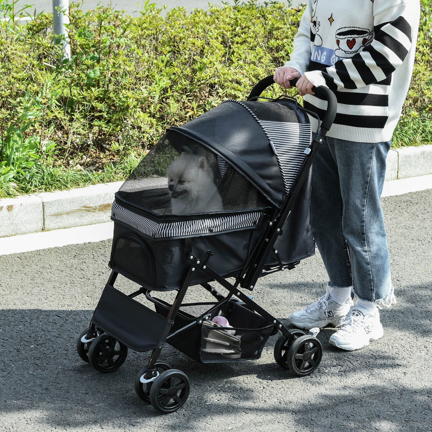 Pet Stroller Dog Cat Travel Pushchair Foldable Jogger with Reversible Handle EVA Wheel Brake Basket Adjustable Canopy Safety Leash for Small Dogs, Black