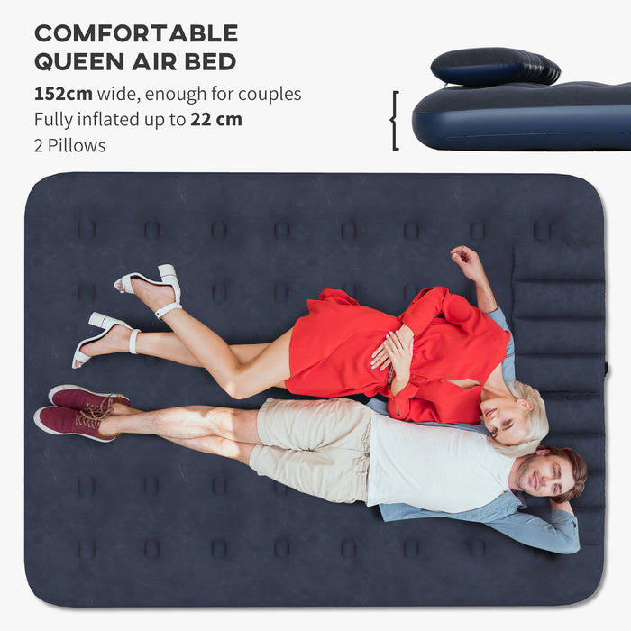 Inflatable Queen Size Air Bed, with Built-In Hand Pump - Blue