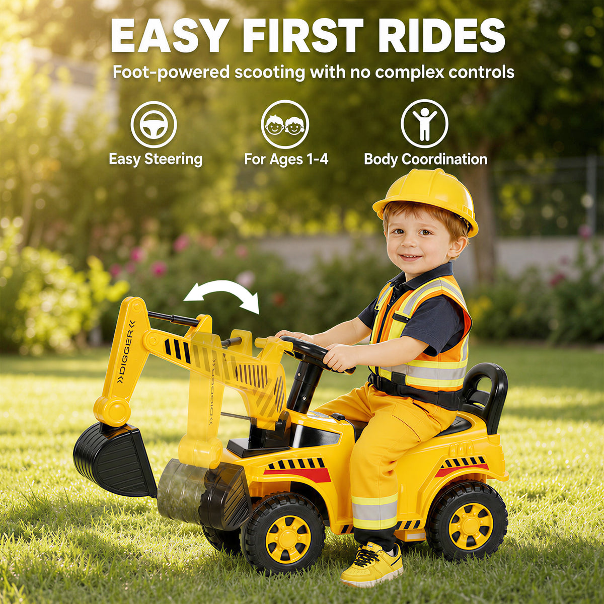 Kids' Foot-Powered Ride-On Digger with Movable Bucket - Yellow & Black