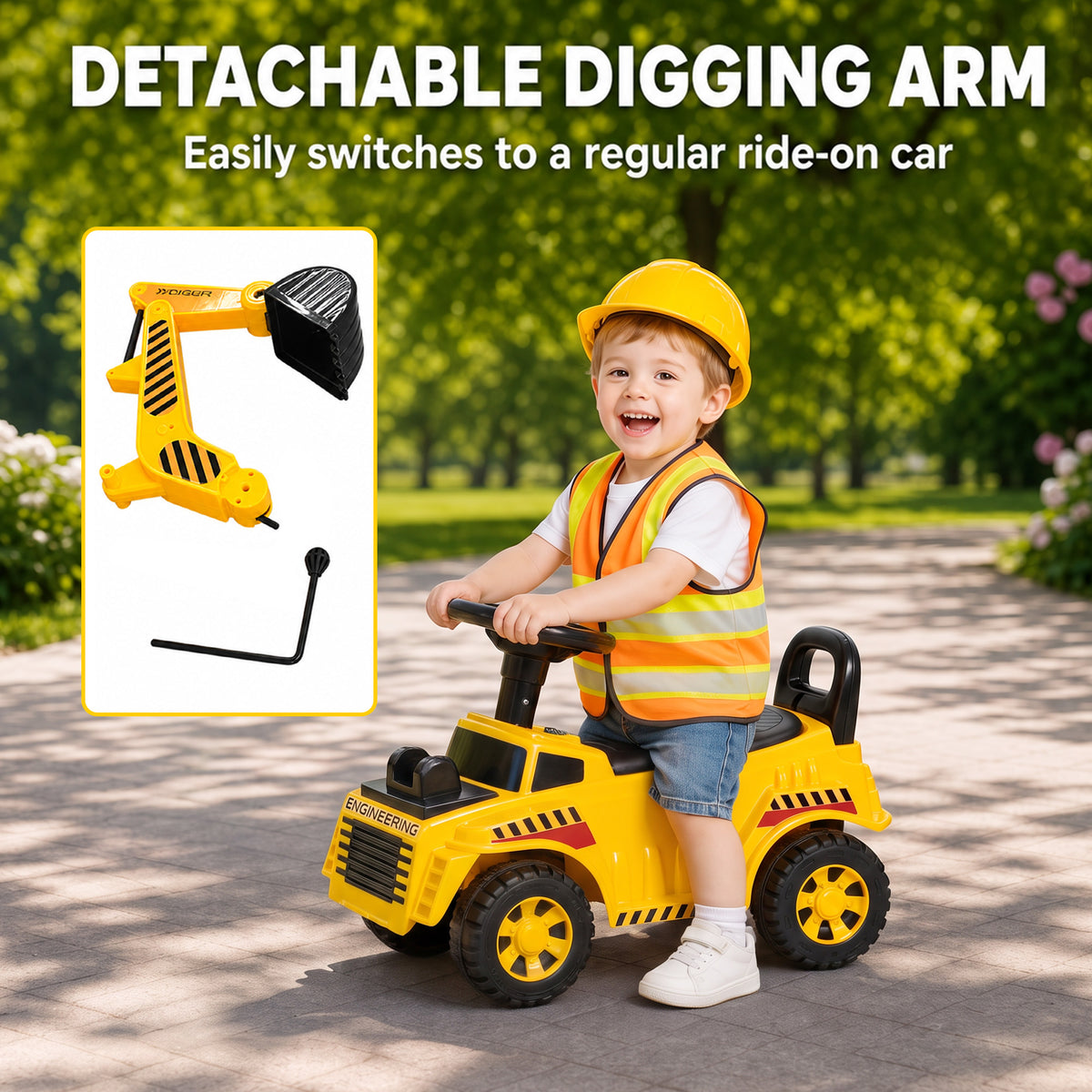 Kids' Foot-Powered Ride-On Digger with Movable Bucket - Yellow & Black