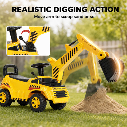 Kids' Foot-Powered Ride-On Digger with Movable Bucket - Yellow & Black