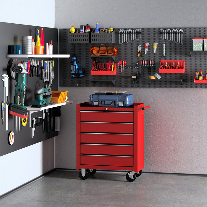 5 Drawer Tool Chest on Wheels, Lockable Steel Tool Trolley with Side Handle for Workshop, Garage, Red