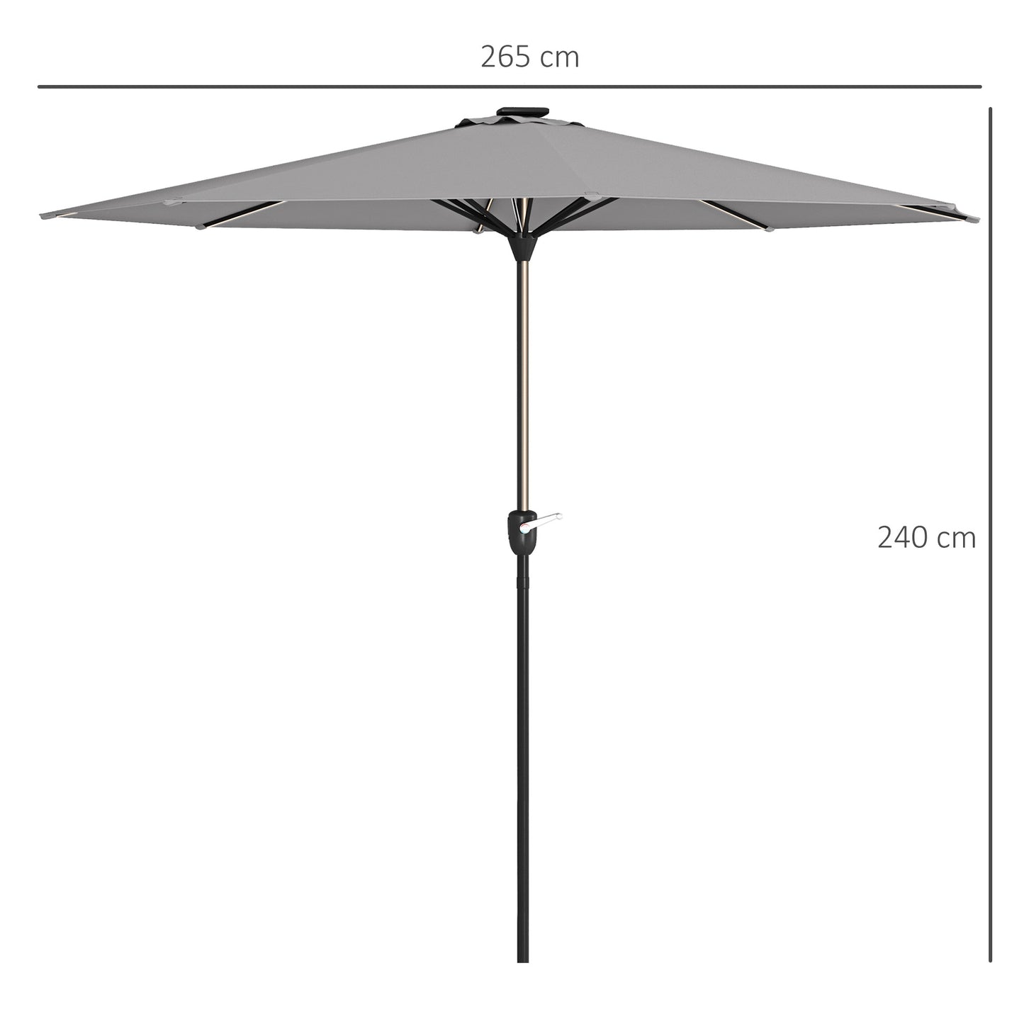 Garden Parasol with LED Lights, Solar Charged Patio Umbrella with Crank Handle, for Outdoor, Grey
