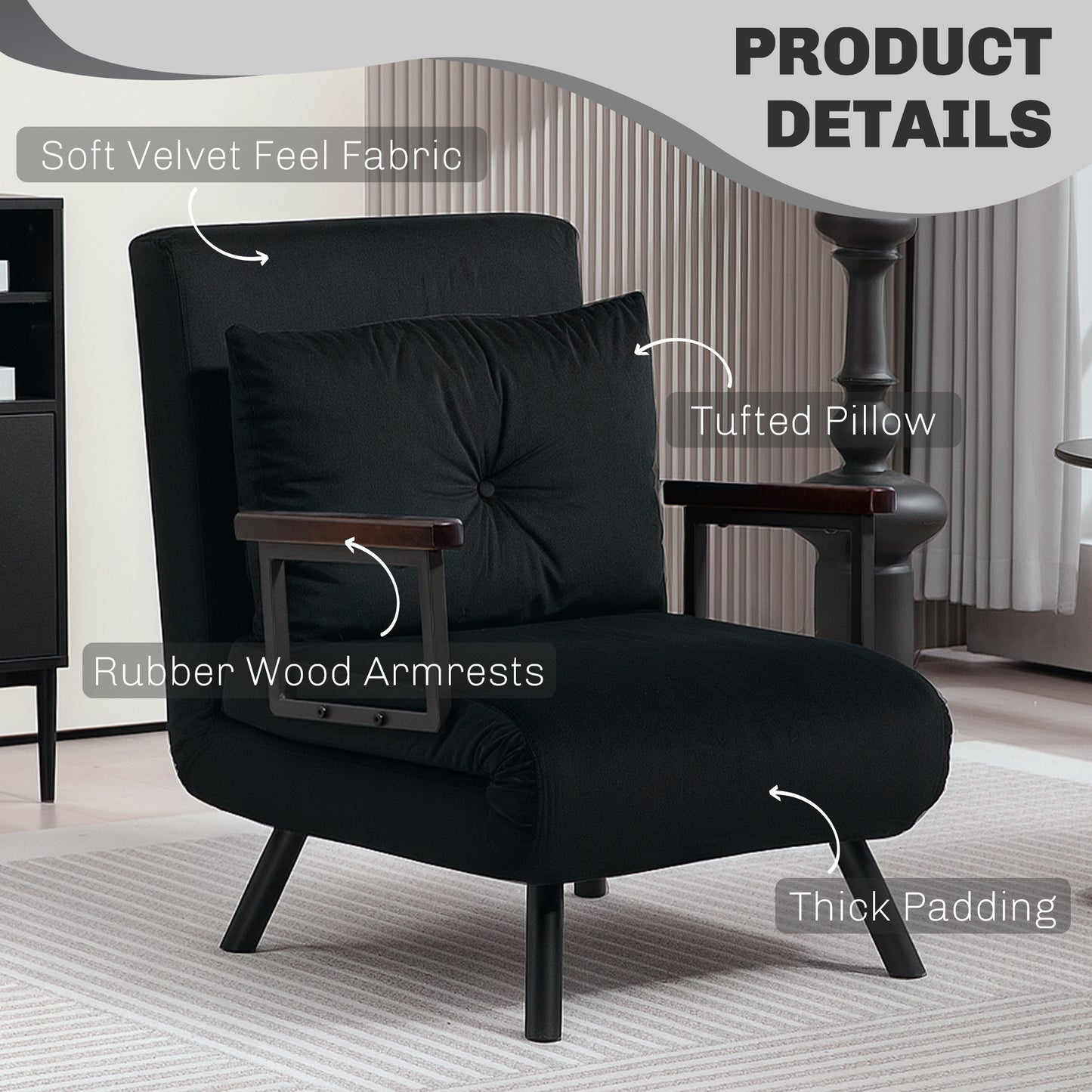 Click Clack Single Chair Bed Settee for Living Room, Black