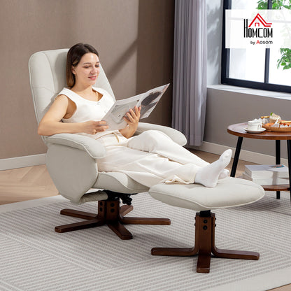 Swivel Recliner Chair with Footstool and Wooden Base, Beige