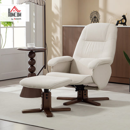 Swivel Recliner Chair with Footstool and Wooden Base, Beige