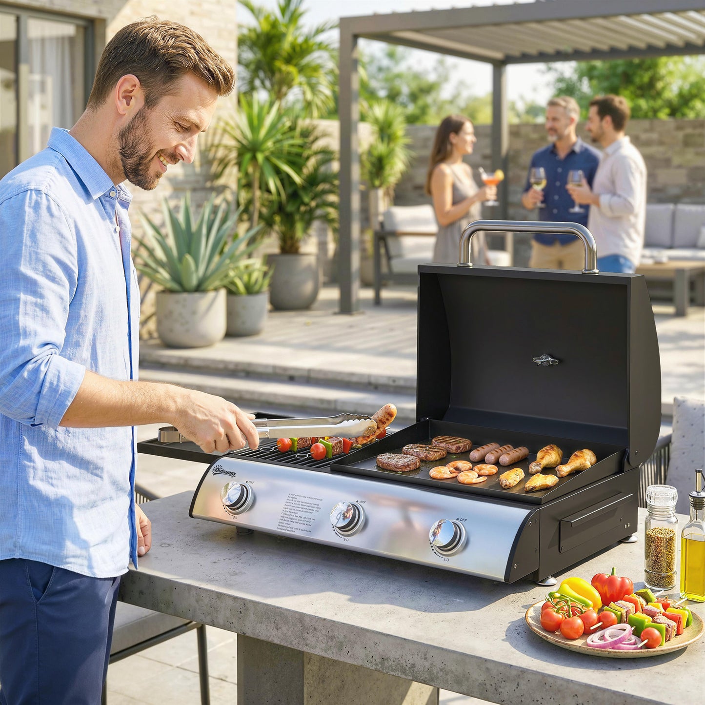 7.5 kW Portable Portable Gas Plancha BBQ Grill with 3 Burner, Black