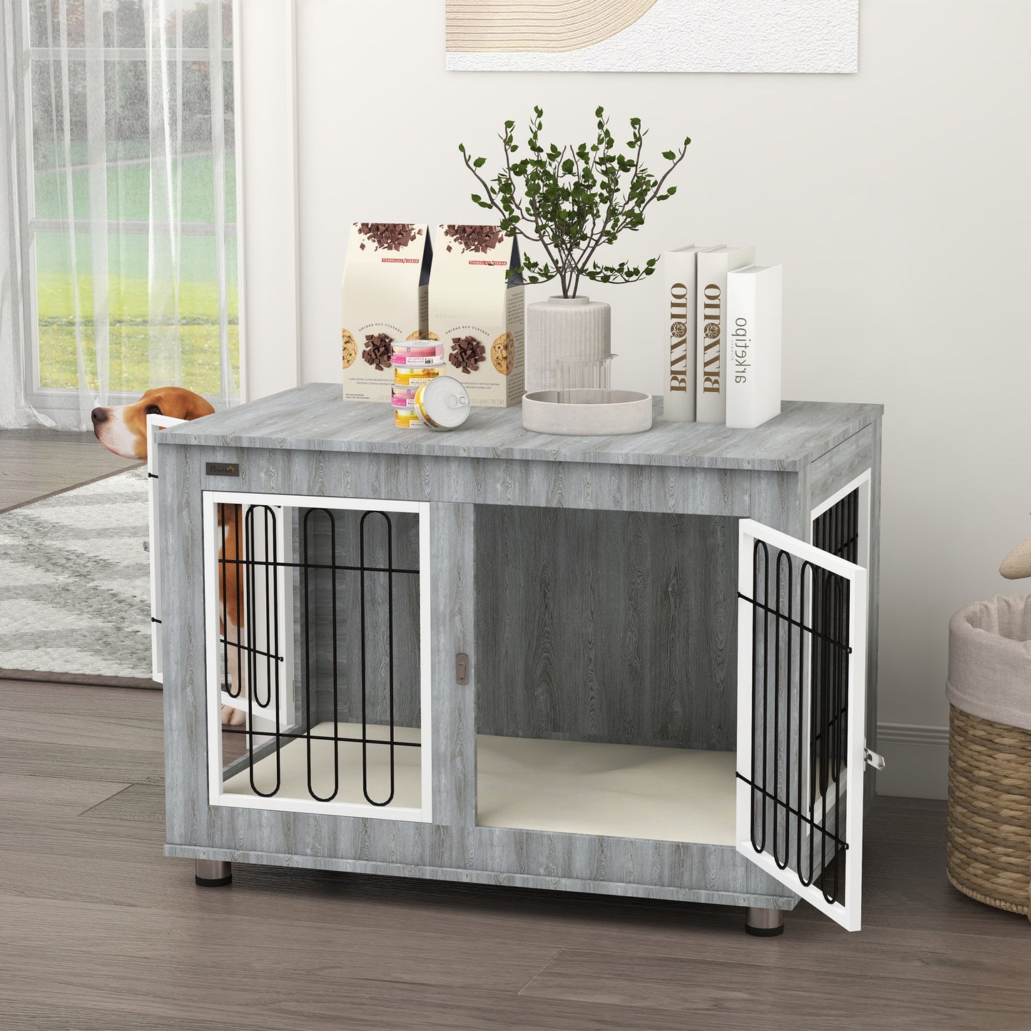 Dog Crate Furniture, Dog Crate End Table w/ Soft Cushion, Double Door