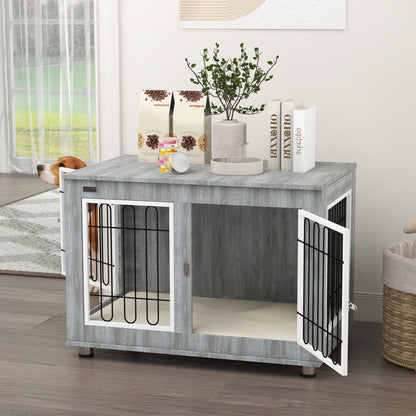 Dog Crate Furniture, Dog Crate End Table w/ Soft Cushion, Double Door